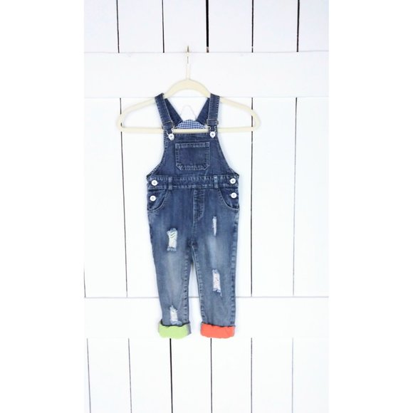 Vintage kids/childrens blue jean denim bib overalls/destroyed patch denim